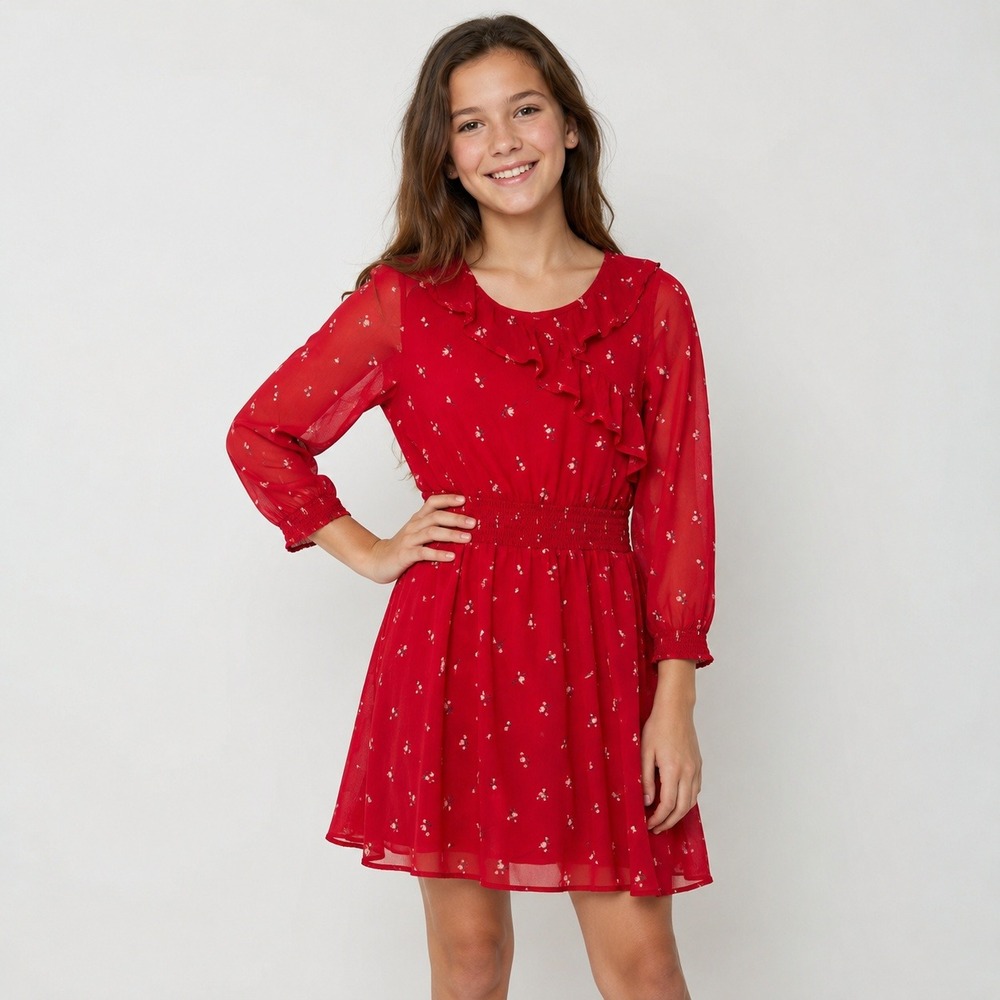 Abercrombie Kids Girls 15/16 Red Floral Ruffle Chiffon Smocked Dress